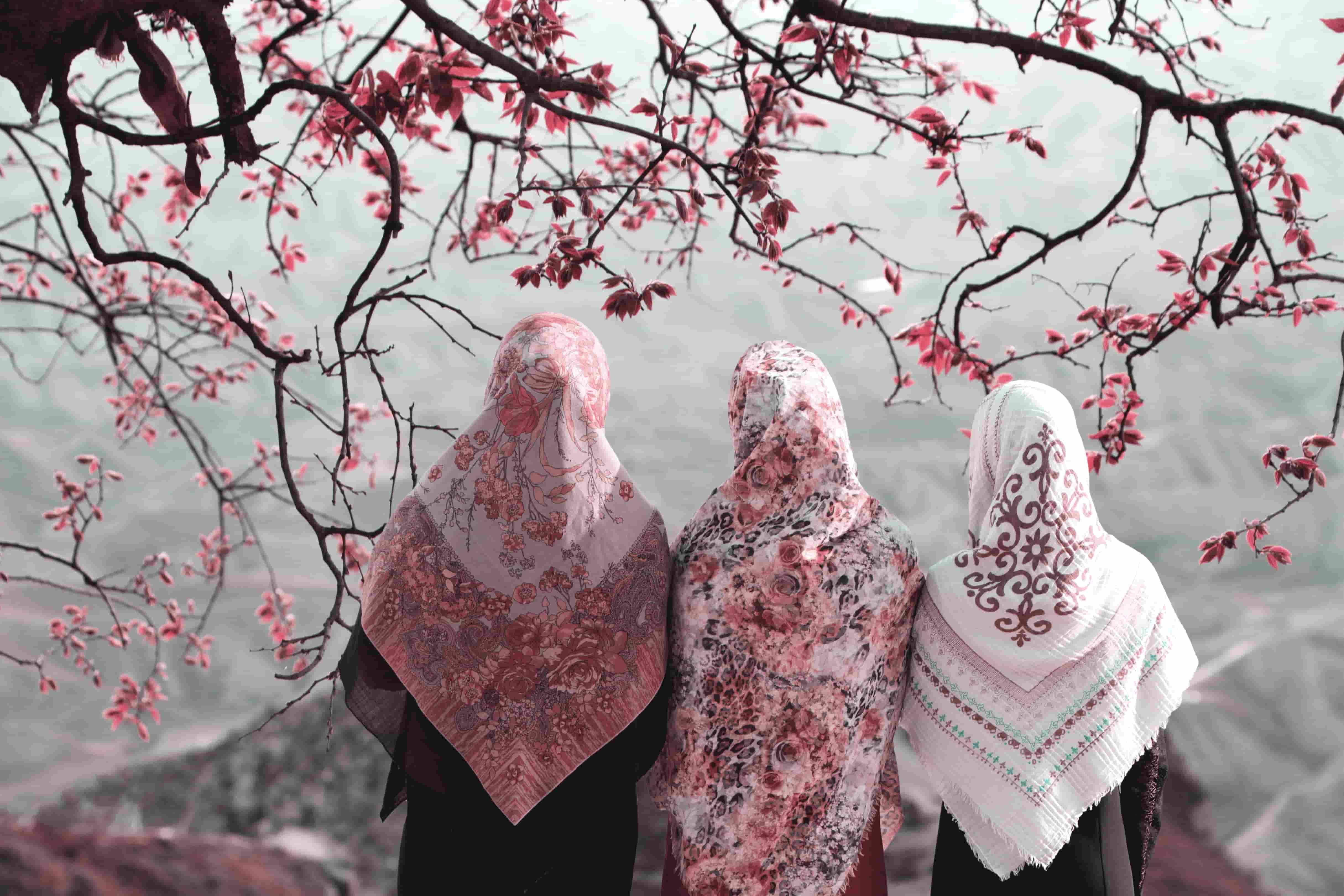 three women weared headscarve hijab turban